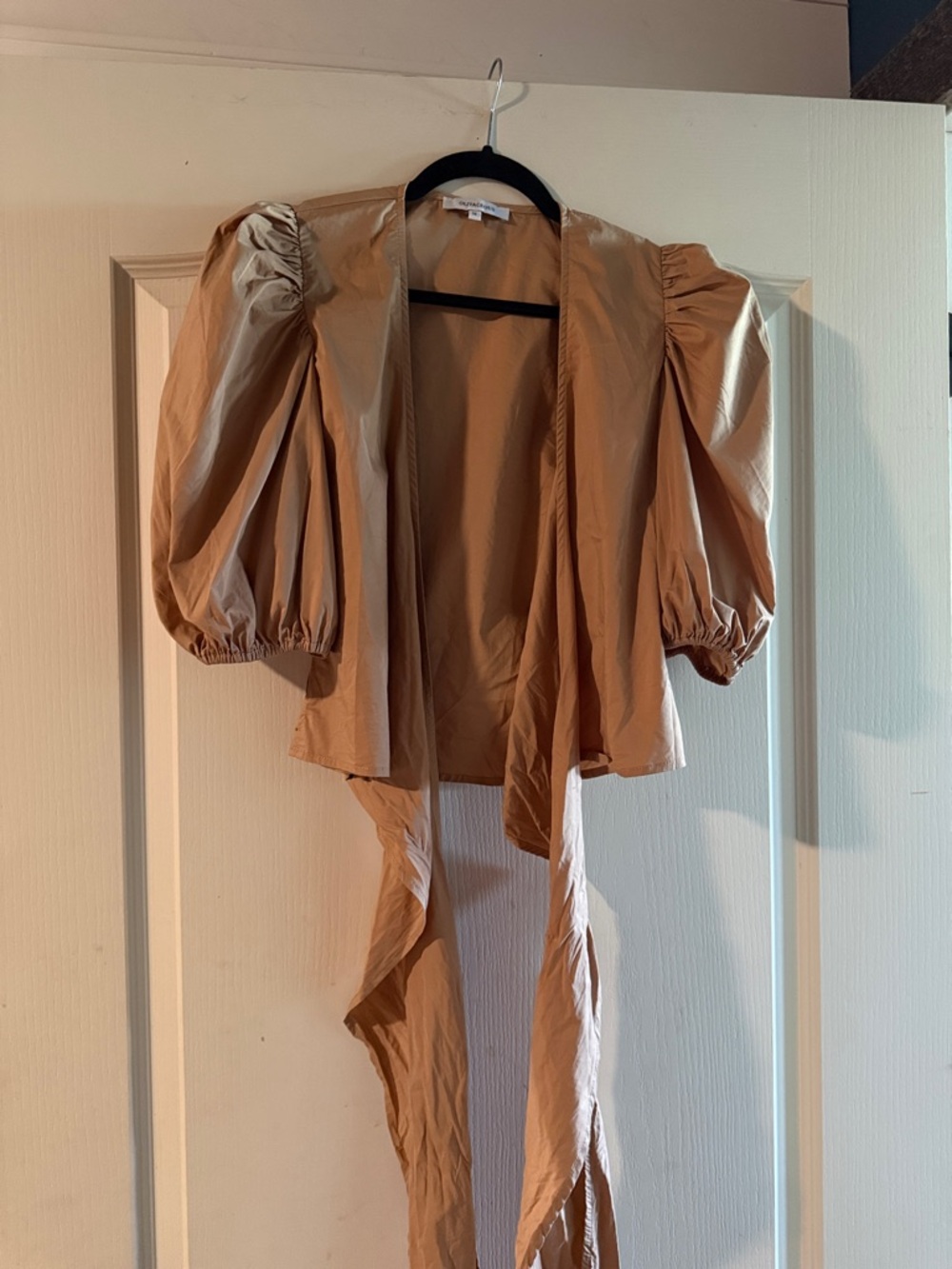 Olivaceous Puff Sleeve Tie-Front Top in Tan
